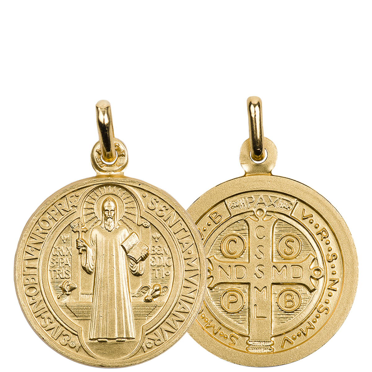 Médaille en plaqué or 2 faces saint Benoît. Livrée en boîte, différentes tailles