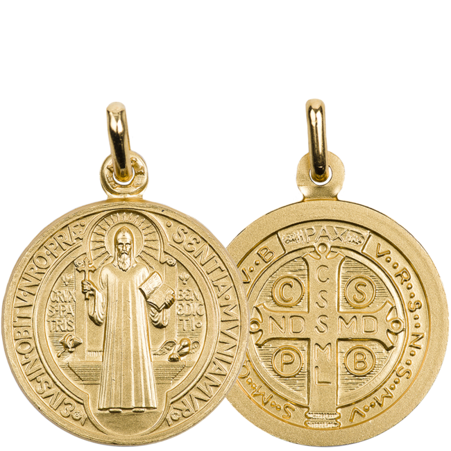 Médaille en plaqué or 2 faces saint Benoît. Livrée en boîte, différentes tailles