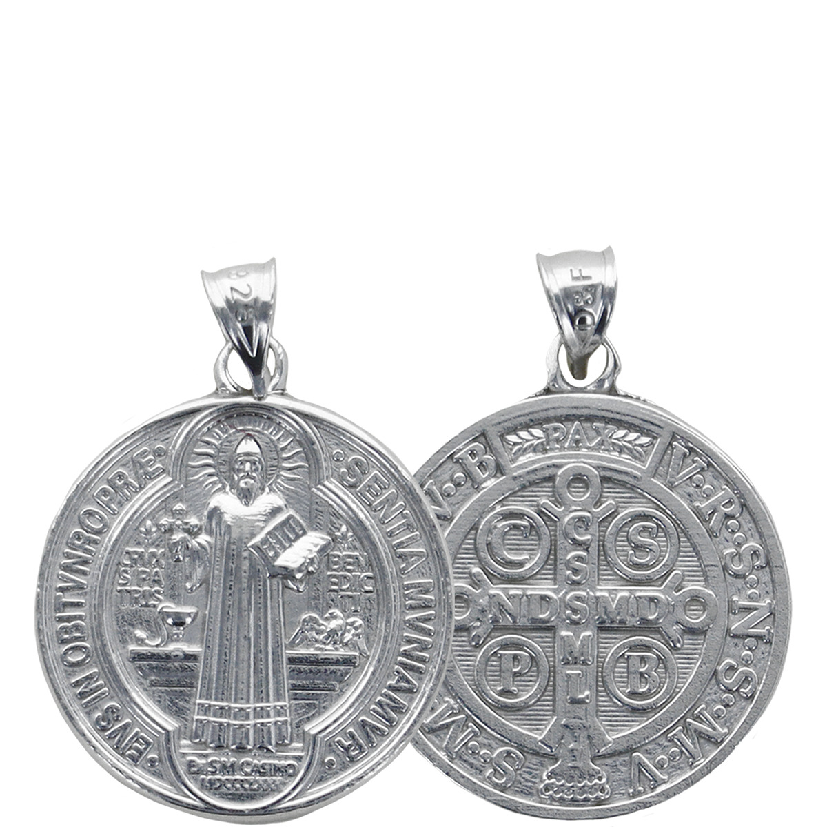 Médaille en argent 925 °/°° rhodié 2 faces de saint Benoît. Livrée en boîte, différentes tailles