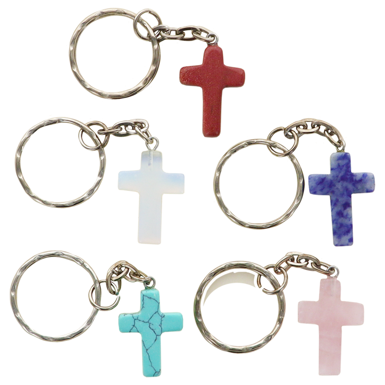 Porte-clés H. 2,3 cm imitation pierre en forme de croix couleur assortie - LOT DE 5 ASSORTIS