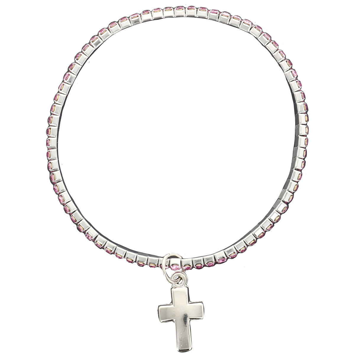 Bracelets extensibles avec des strass de couleur bleu ou rose Ø 2.5 mm, et une croix.