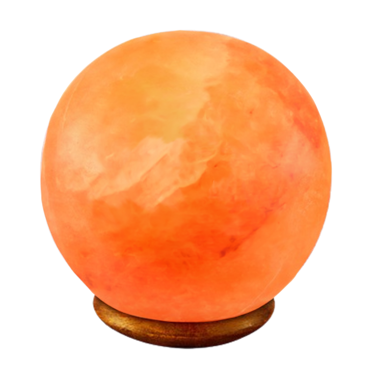 Lampe forme sphère de sel de l'Himalaya socle bois livrée en boite individuelle avec cordon et ampoule Ø 15 cm.