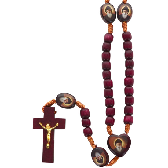 Chapelet grains bois Ø 7 mm, pater et coeur avec image du saint, longueur au cœur 23 cm, croix avec Christ métal