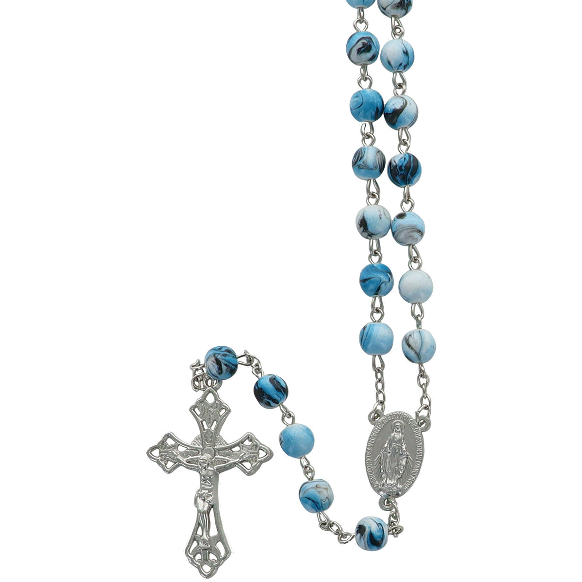 Chapelet grains en acrylique marbré, Ø 8 mm, chaîne couleur argentée, longueur au cœur 40 cm, croix avec Christ. Plusieurs couleurs.