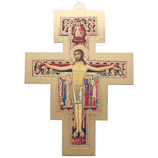 Croix de saint François en bois avec image collée de couleur doré. Différentes tailles.