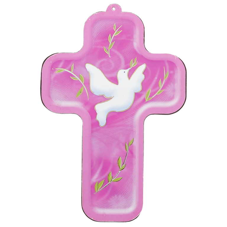 Croix enfantine avec la Colombe de la Paix en bois compressé image redorée et collée 13 cm. 