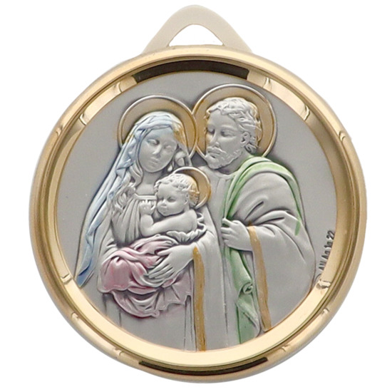 Médaille de berceau plaque laminée en argent Ø 5 cm livrée avec rubans bleu et rose, de la Sainte Famille.