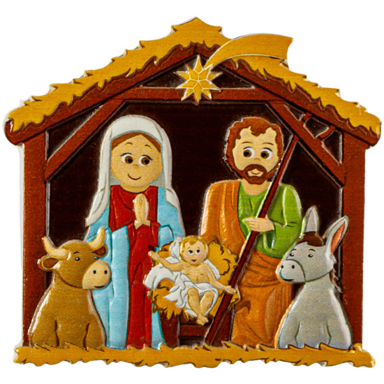 Magnet de la Nativité dans cabane en relief,  H. 6 x 6 cm.