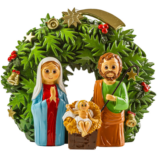 Couronne de Noël en résine à poser avec la Sainte Famille, H. 11 cm x  15 cm.