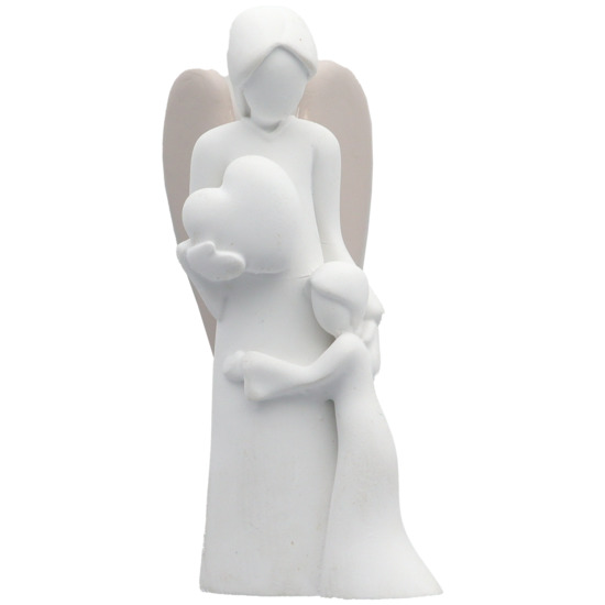 Ange blanc en résine décor coeur avec enfant, H 9 cm. Livré en boite individuelle.