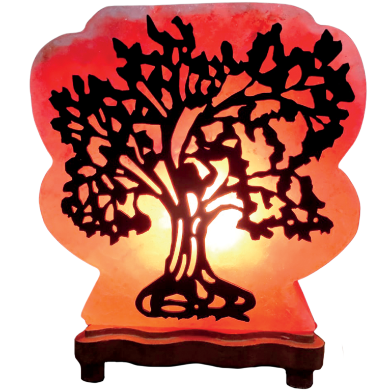 Lampe de sel de l´Himalaya forme arbre de vie H. 15 cm ép. 5 cm, livrée en boite individuelle avec cordon et ampoule.