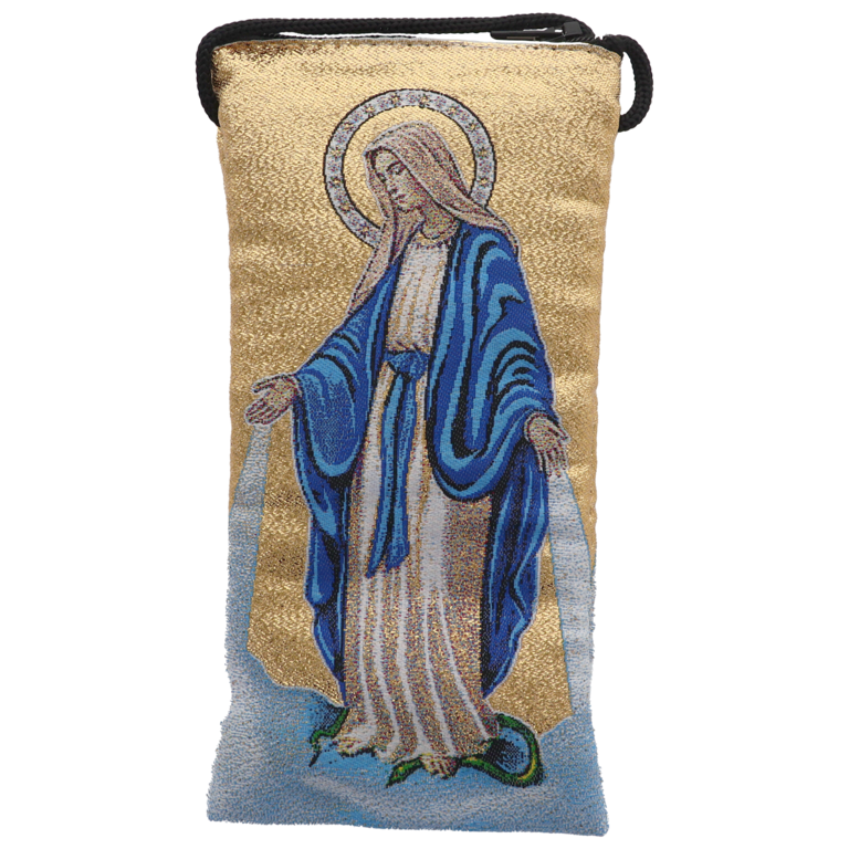 Porte-lunette / téléphone en tissus, brodé de fil d’or de la Vierge Miraculeuse H.17 x 9 cm avec cordon. 