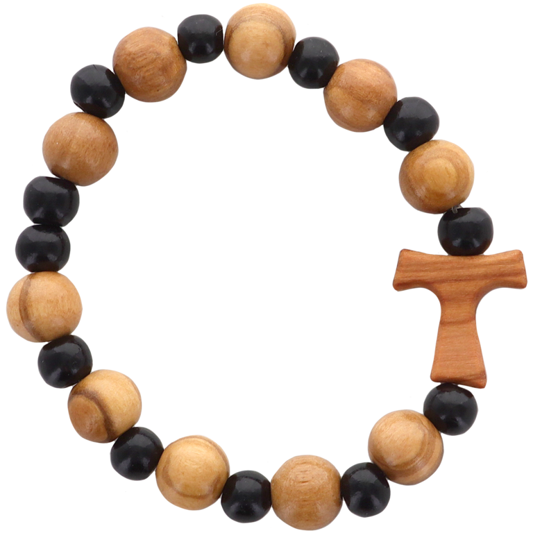 Bracelet sur élastique en bois avec grains marron et noir, Ø 10 mm / 7 mm, avec croix de Taux