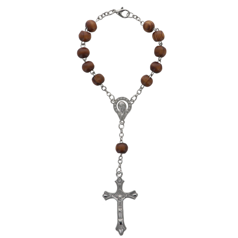 Dizainier sur chaine en bois Ø 7 mm avec fermoir, croix et christ en métal.