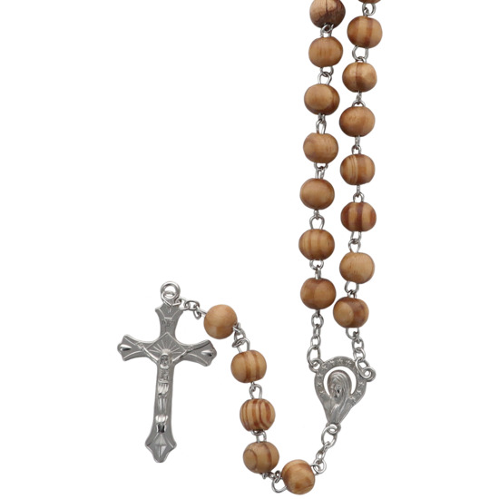 Chapelet sur chaine avec grains en bois Ø 7 mm, longueur jusqu'au coeur 33 cm, croix et christ en métal.