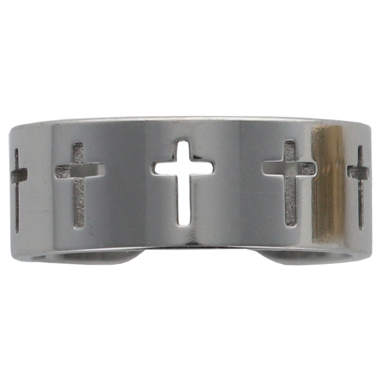 Bague ajustable de couleur argentée en acier inoxydable pour femme avec croix ajourées.