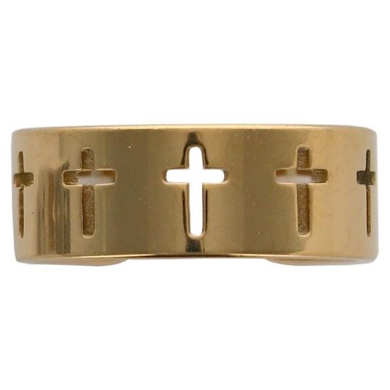 Bague ajustable de couleur dorée en acier inoxydable pour femme avec croix ajourées.