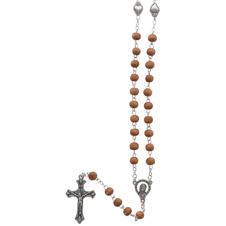 Chapelet grains rond en bois Ø 6 mm, pater avec le coeur Ex-Voto, Longueur jusqu'au coeur 33 cm, croix avec Christ.