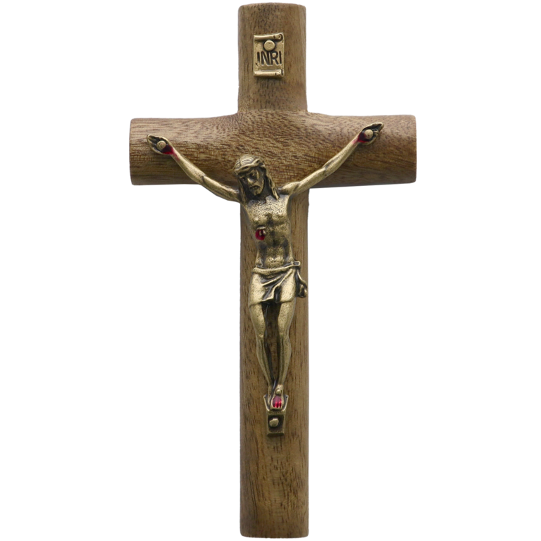 Crucifix en bois de forme cylindrique à suspendre, avec Christ de couleur bronze portant les Saintes Plaies. H 12 cm. 