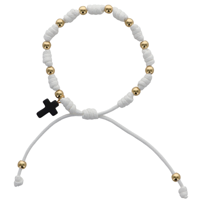 Bracelet dizainier sur corde réglable, de couleur blanche, grains de couleurs dorés Ø 5 mm et croix noire.