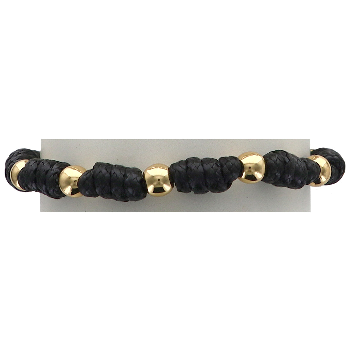 Bracelet dizainier sur corde réglable, de couleur noire, grains de couleurs dorés Ø 5 mm et croix blanche.
