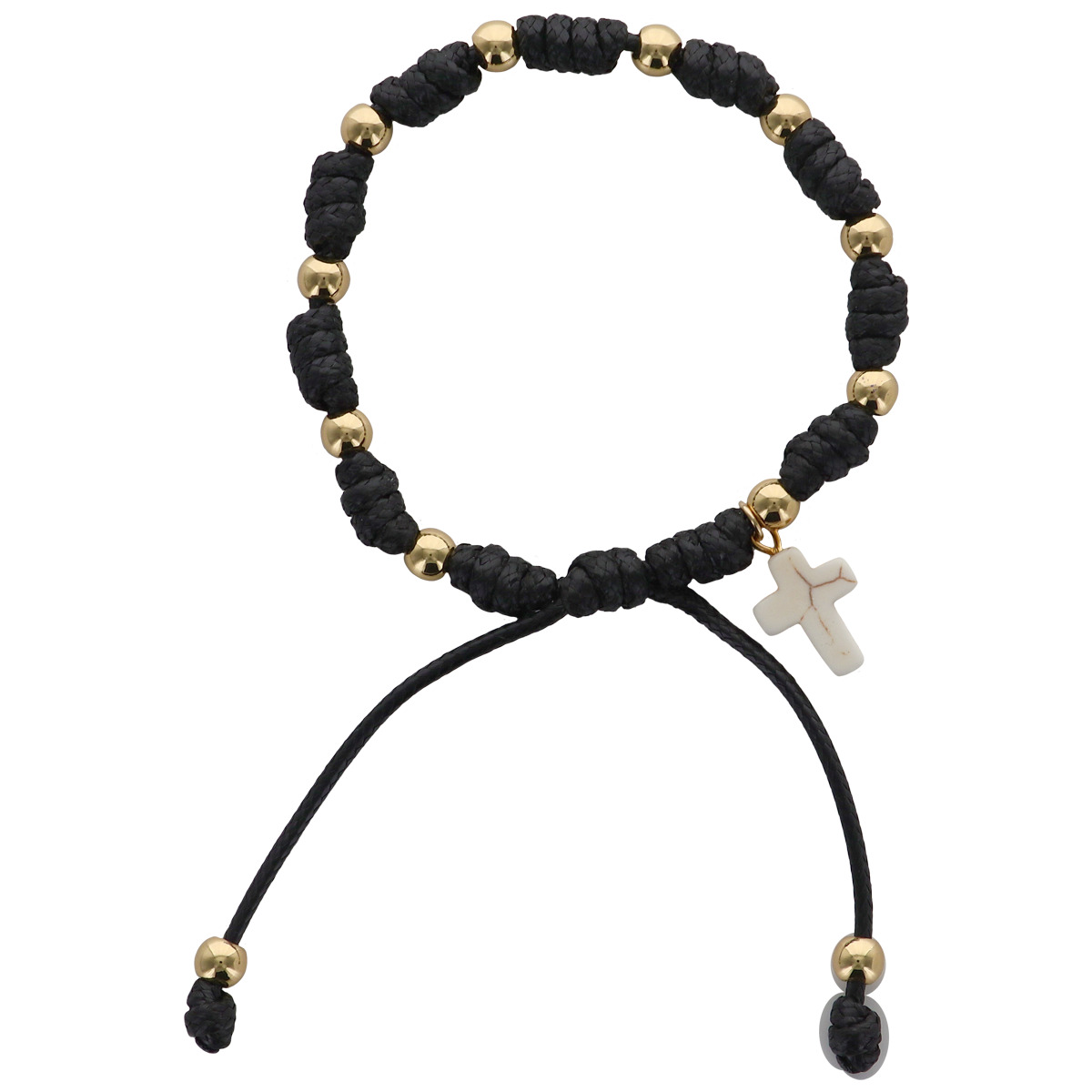 Bracelet dizainier sur corde réglable, grains de couleurs dorés Ø 5 mm et croix. Existe en différentes couleurs.