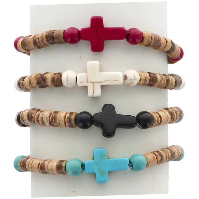 Bracelet sur élastique grains en bois de coco et pierres synthètiques assorties Ø 5 mm avec croix - LOT DE 4 ASSORTIS