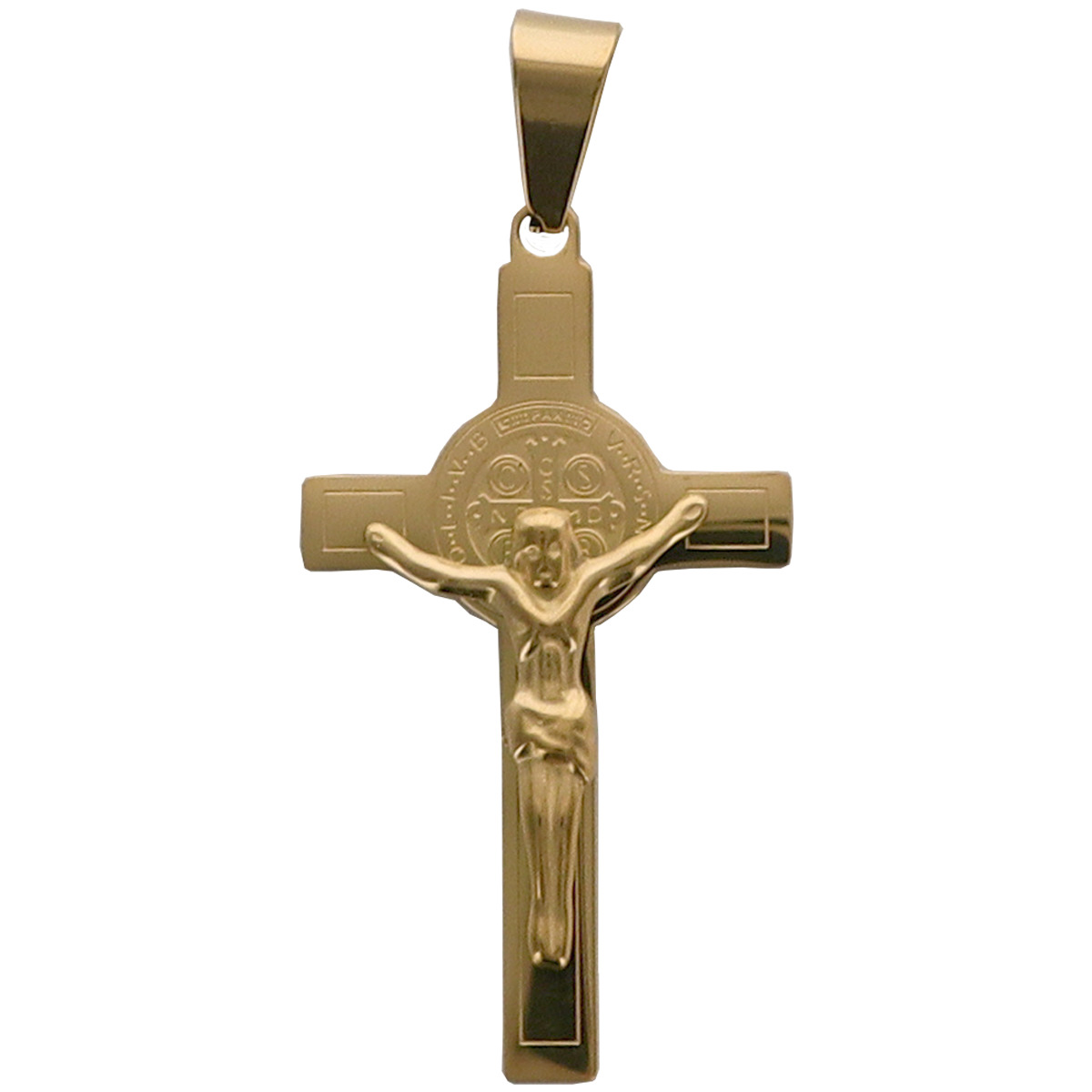 Croix de cou de Saint Benoit en acier inoxydable, H 4.50 cm. Existe de différentes couleurs.