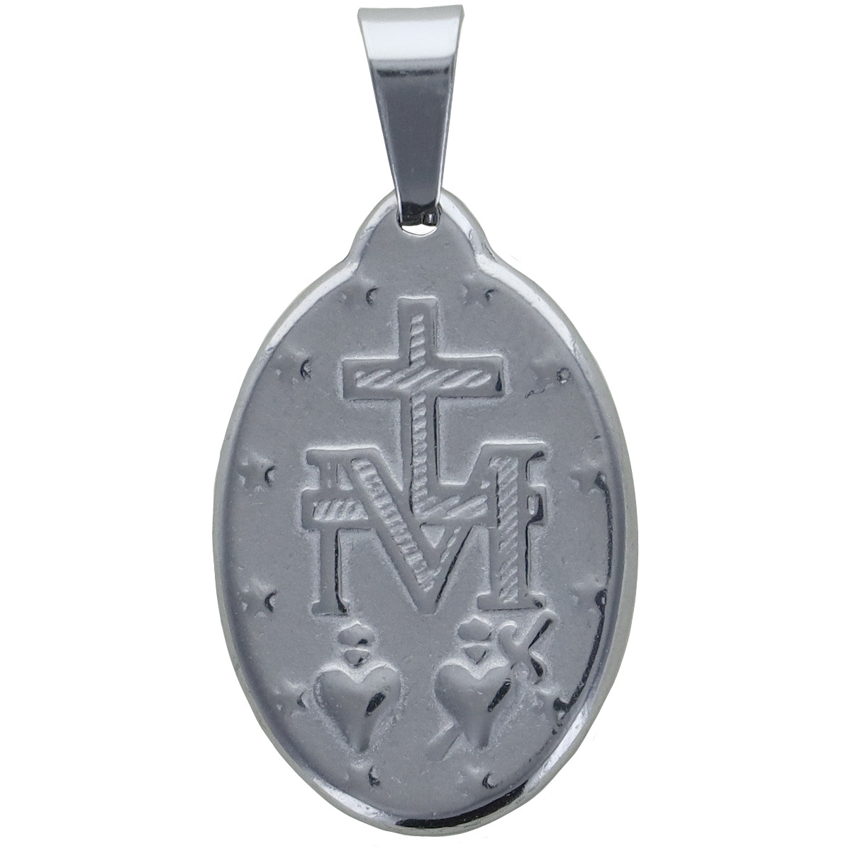 Médaille de la Vierge Miraculeuse inscription en Français de couleur argentée en acier inoxydable. H 2.2 cm 