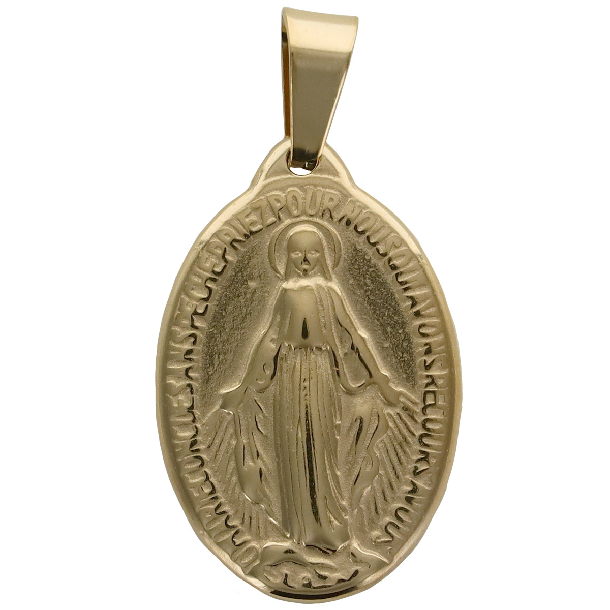 Médaille de la Vierge Miraculeuse inscription en Français de couleur dorée en acier inoxydable. H 2.2 cm