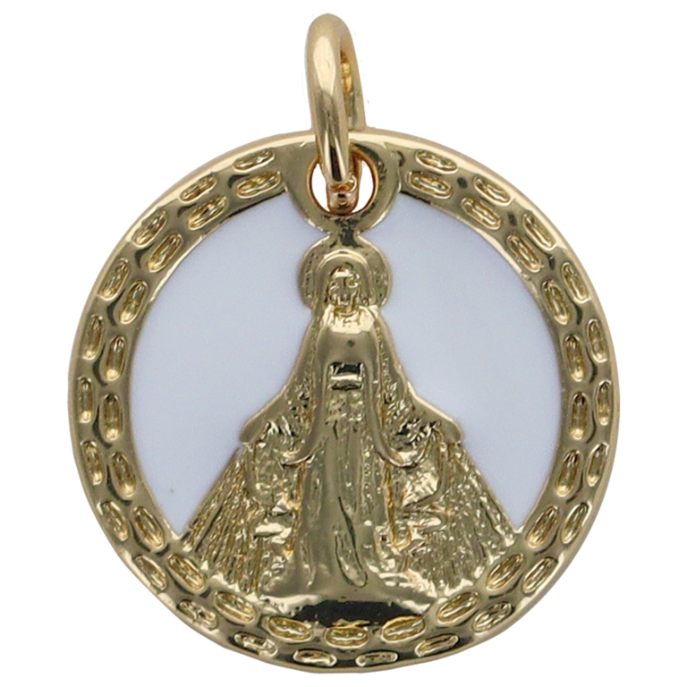 Médaille en coquille naturelle avec la Vierge Miraculeuse en laiton de couleur dorée Ø 1.3 cm. VENDU PAR LOT DE 5.