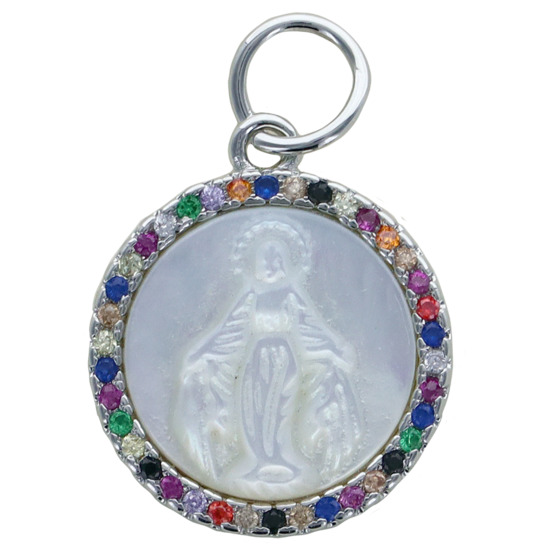 Médaille de couleur argentée en relief avec la Vierge Miraculeuse en coquille naturelle, incrustée de zirconium Ø 1.5 cm." 