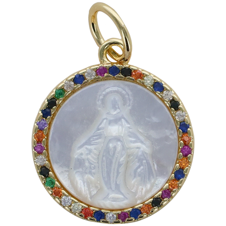 Médaille de couleur dorée en relief avec la Vierge Miraculeuse en coquille naturelle incrustée de zirconium Ø 1.5 cm."