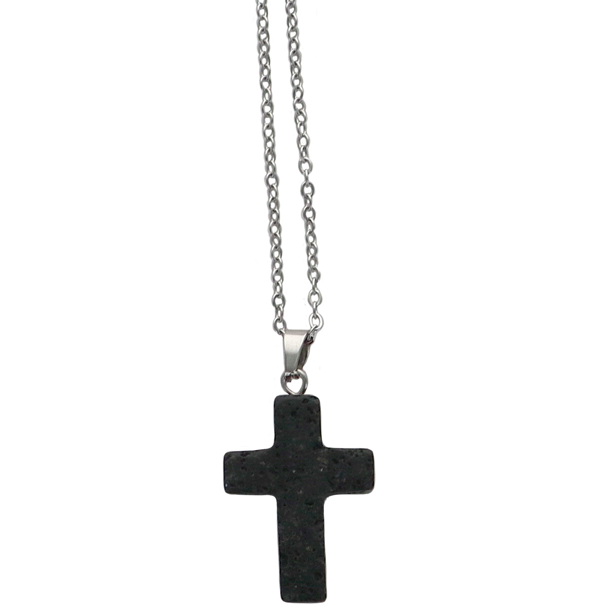Collier avec croix en pierre naturelle H 2.4 cm sur chaine maille forçat en acier inoxydable L. 45 cm ajustable. 