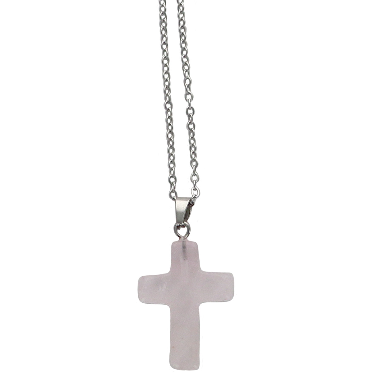 Collier avec croix en pierre naturelle H 2.4 cm sur chaine maille forçat en acier inoxydable L. 45 cm ajustable. 